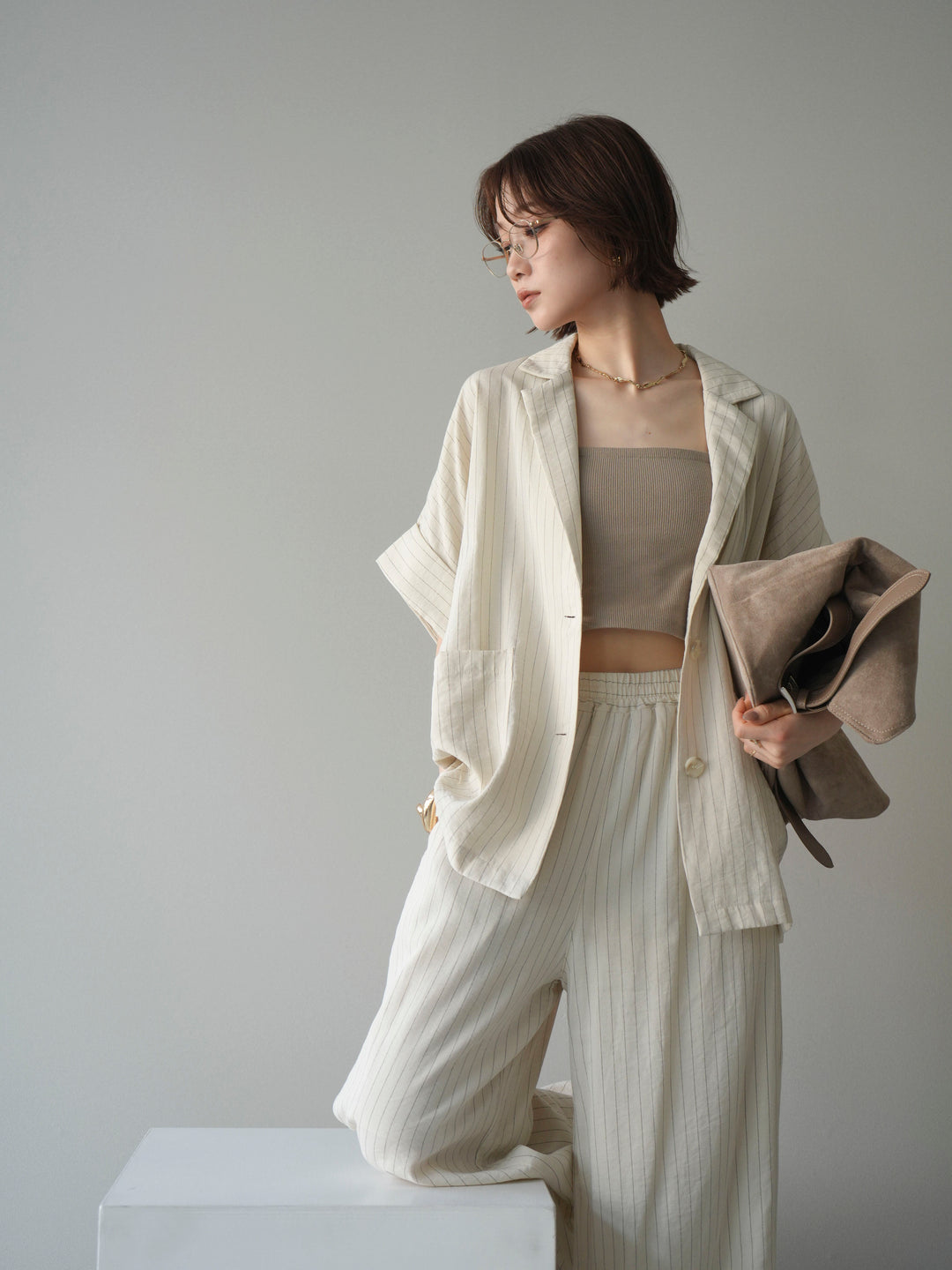[SET]ストライプハーフスリーブオーバージャケット+ストライプリラックスワイドパンツ(2set)