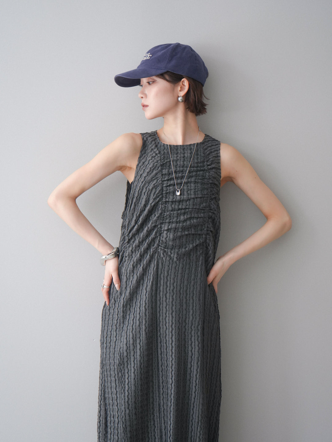 [予約]シャーリングジャガードノースリーブワンピース/gray