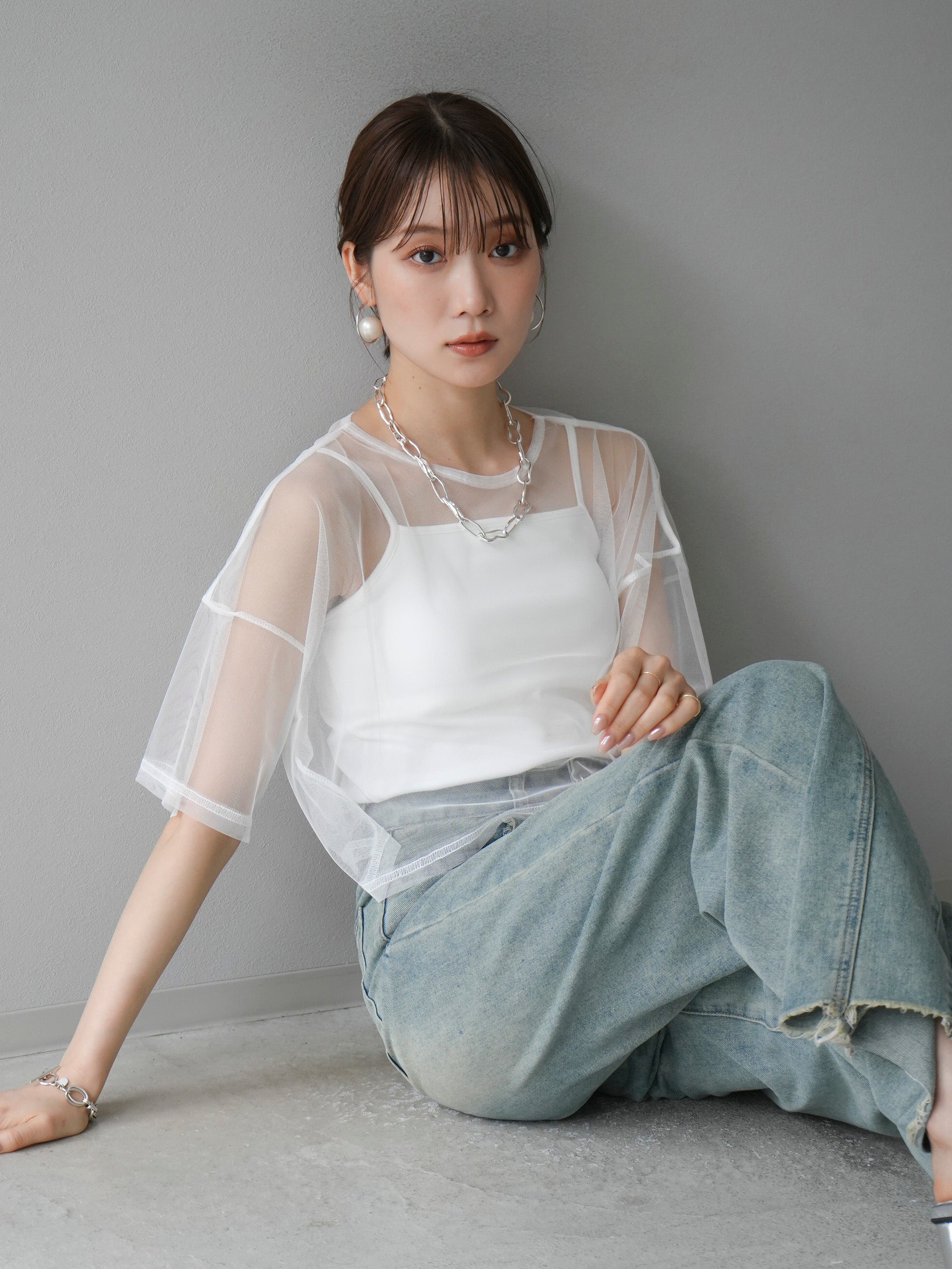 予約]クロップドチュールTシャツ×キャミアンサンブル/オフ – Lumier