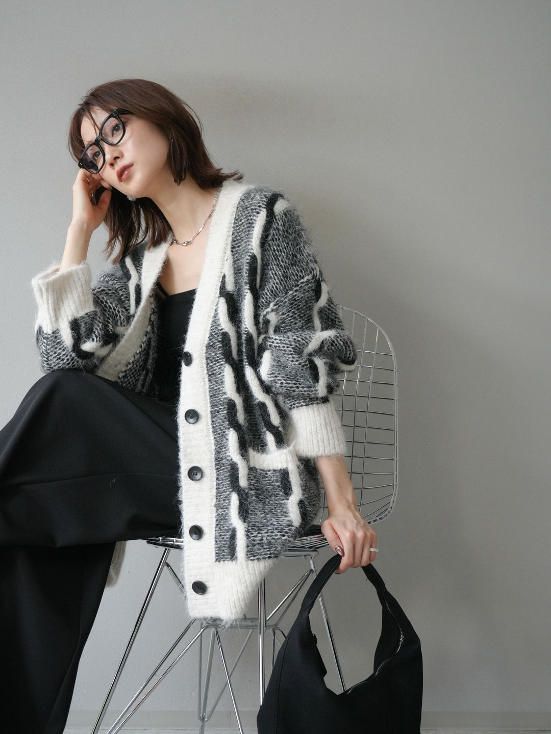 [SET]バイカラー編み込みデザインニットカーディガン+ベルトループデザインワイドパンツ(2set)