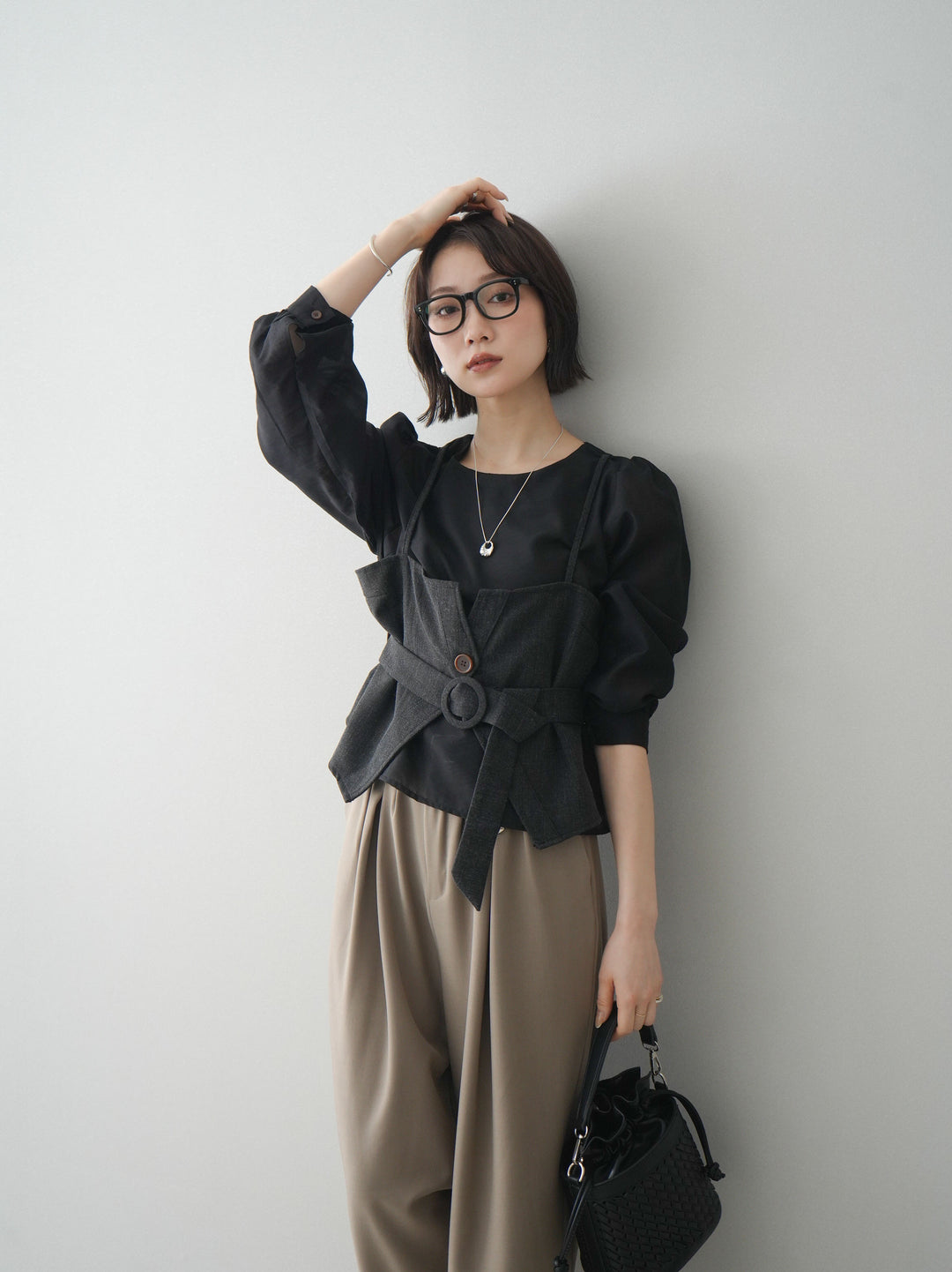 [SET]異素材ビスチェドッキングブラウス+選べるアクセセット(2set)