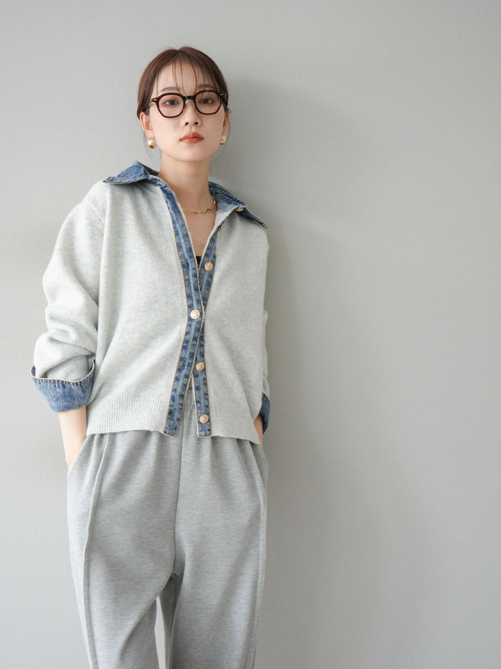 [SET]デニム襟ボタンニットカーディガン+2WAYデザインスウェットパンツ(2set)