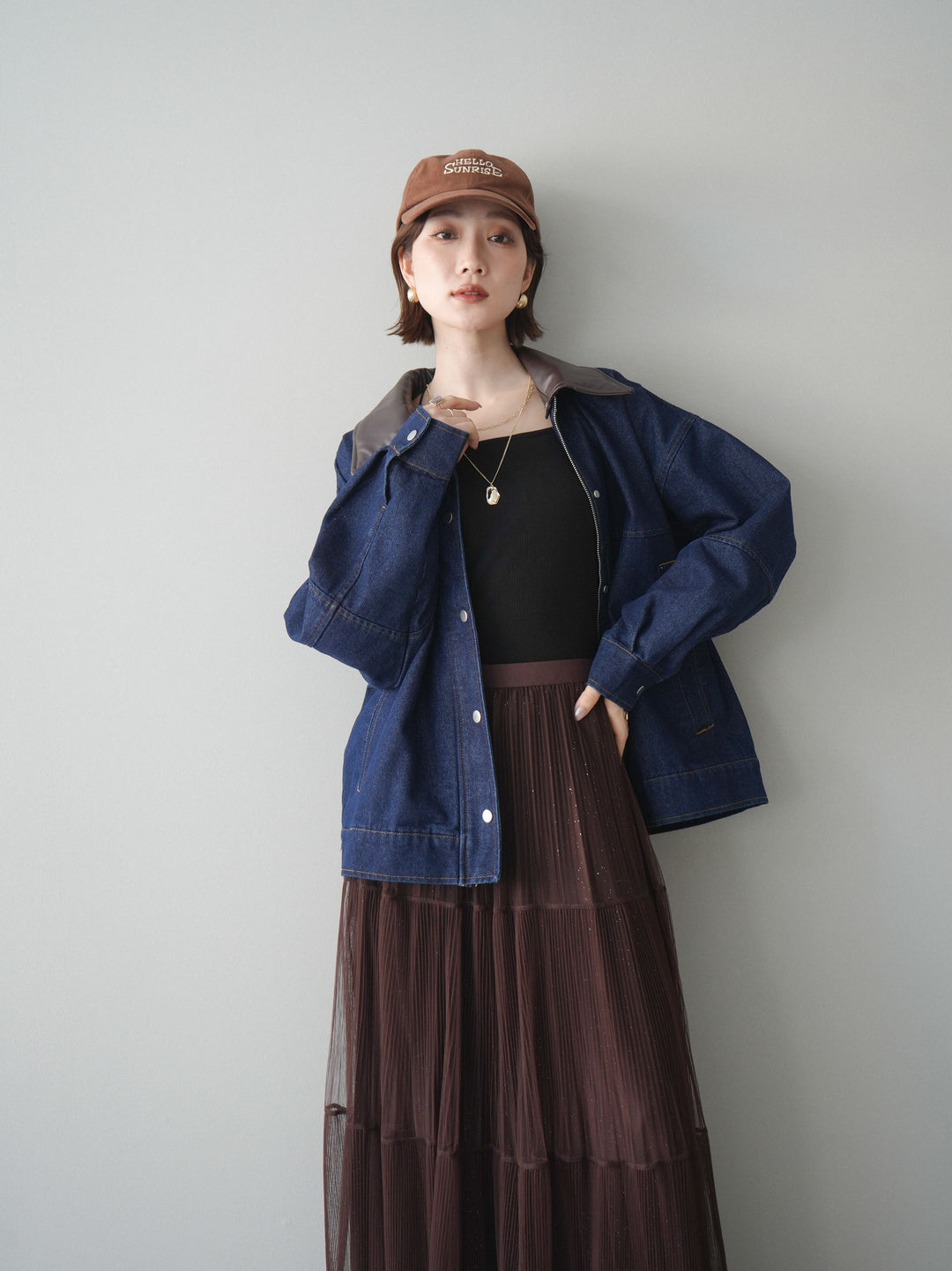 [予約]配色襟レザーデニムブルゾン/indigo