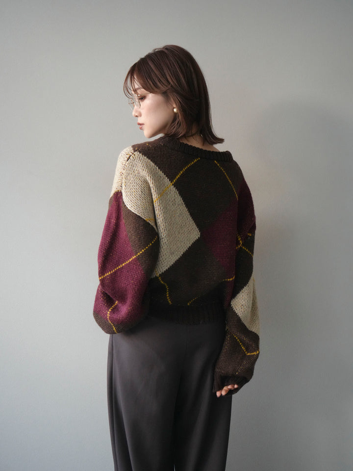 [予約]配色ステッチアーガイル柄ニットプルオーバー/brown