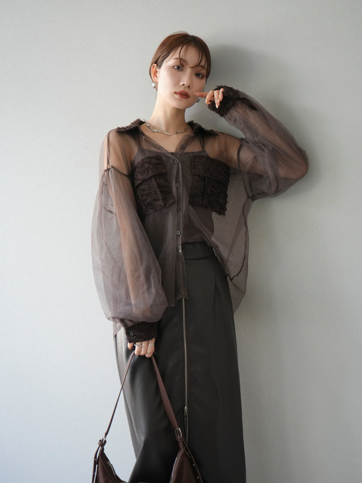 [予約]フリンジジャガード×チュールレイヤードシャツ/ブラウン