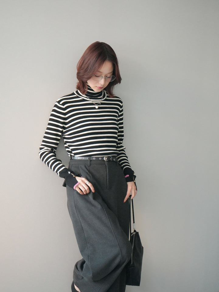 [SET]袖配色ハイネックボーダーリブニットトップス+ベルト付き裏起毛ワイドパンツ(2set)
