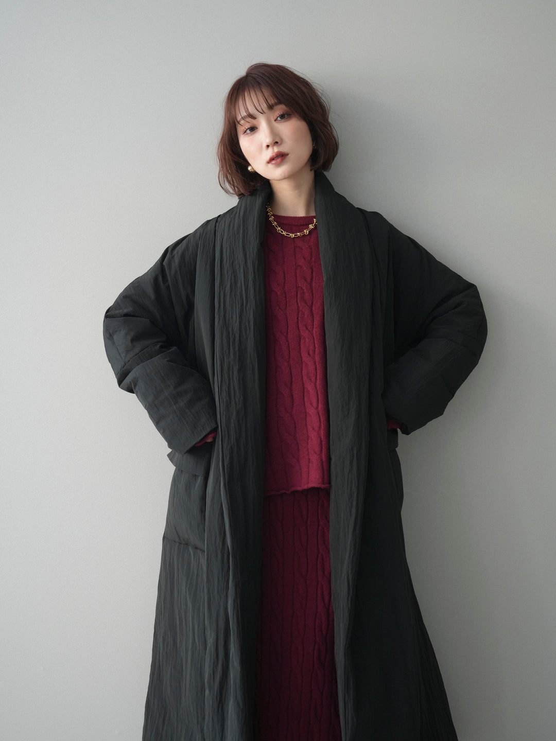 [SET]ストール付ケーブルニットプルオーバー&ロングスカートSET UP+ロングダウンコート(2set)