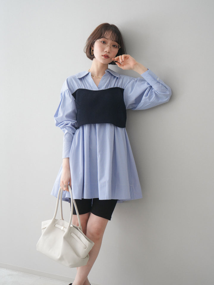 [予約]ニットビスチェドッキングフレアシャツチュニック/stripe