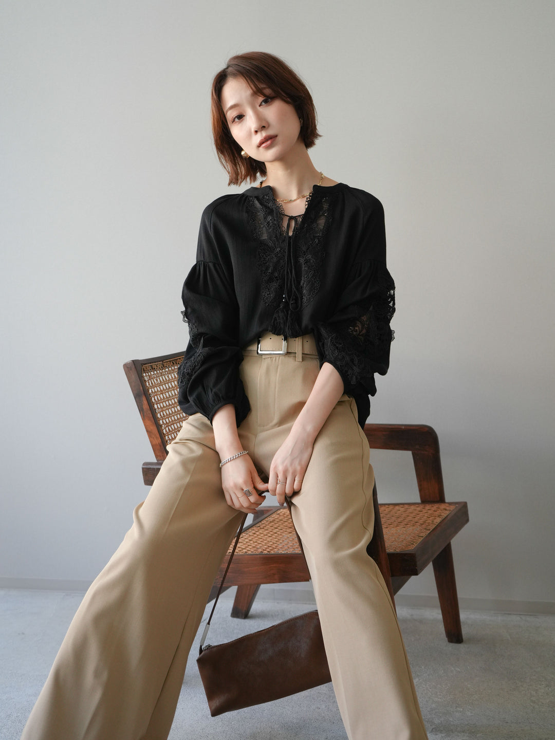 [予約]レーススリーブスキッパーブラウス/black