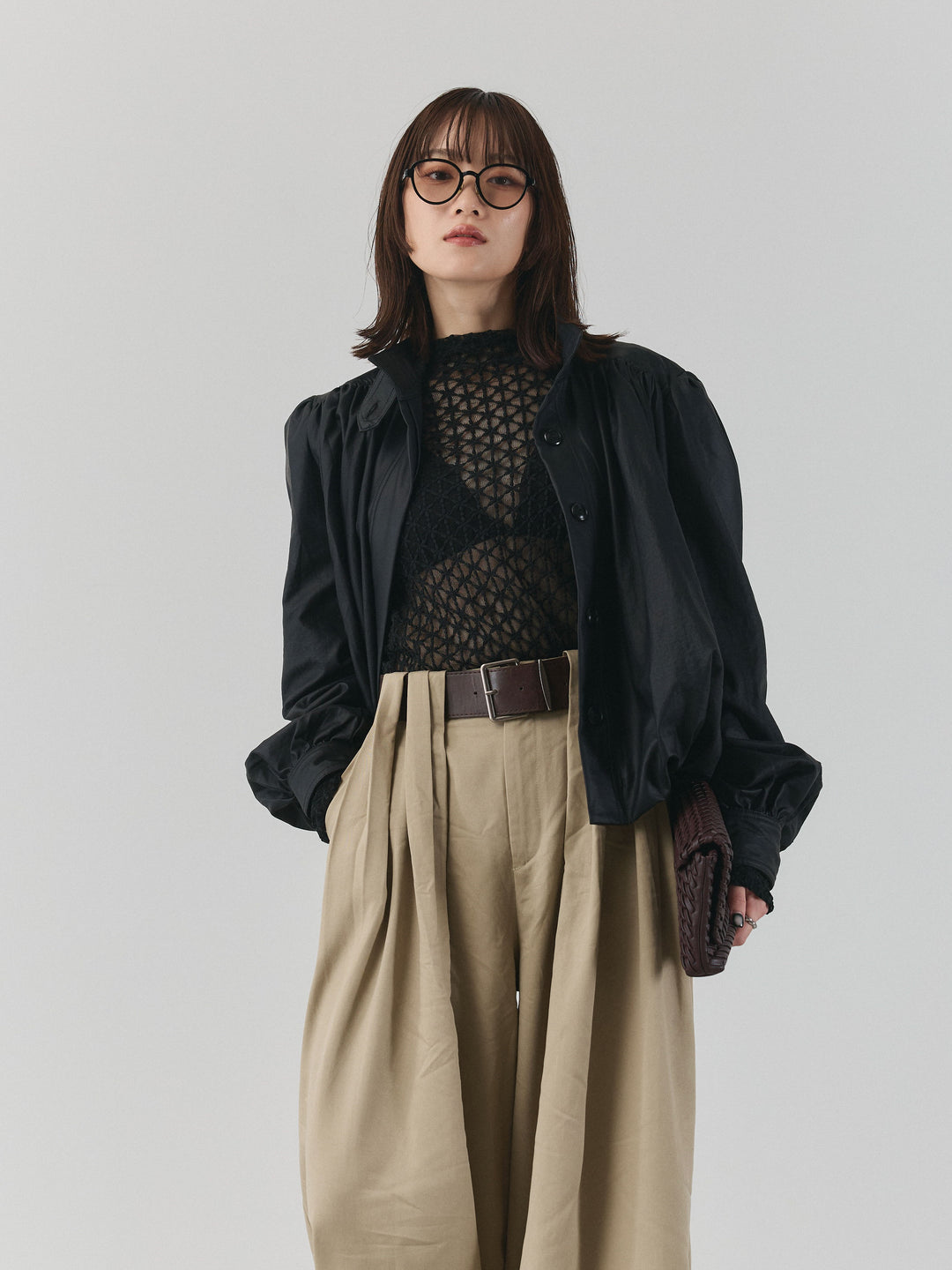 【Allure】[SET]フラワーレーストップス+ベルト付ダブルループワイドパンツ+ベルト付バルーンレザーブルゾン(3set)