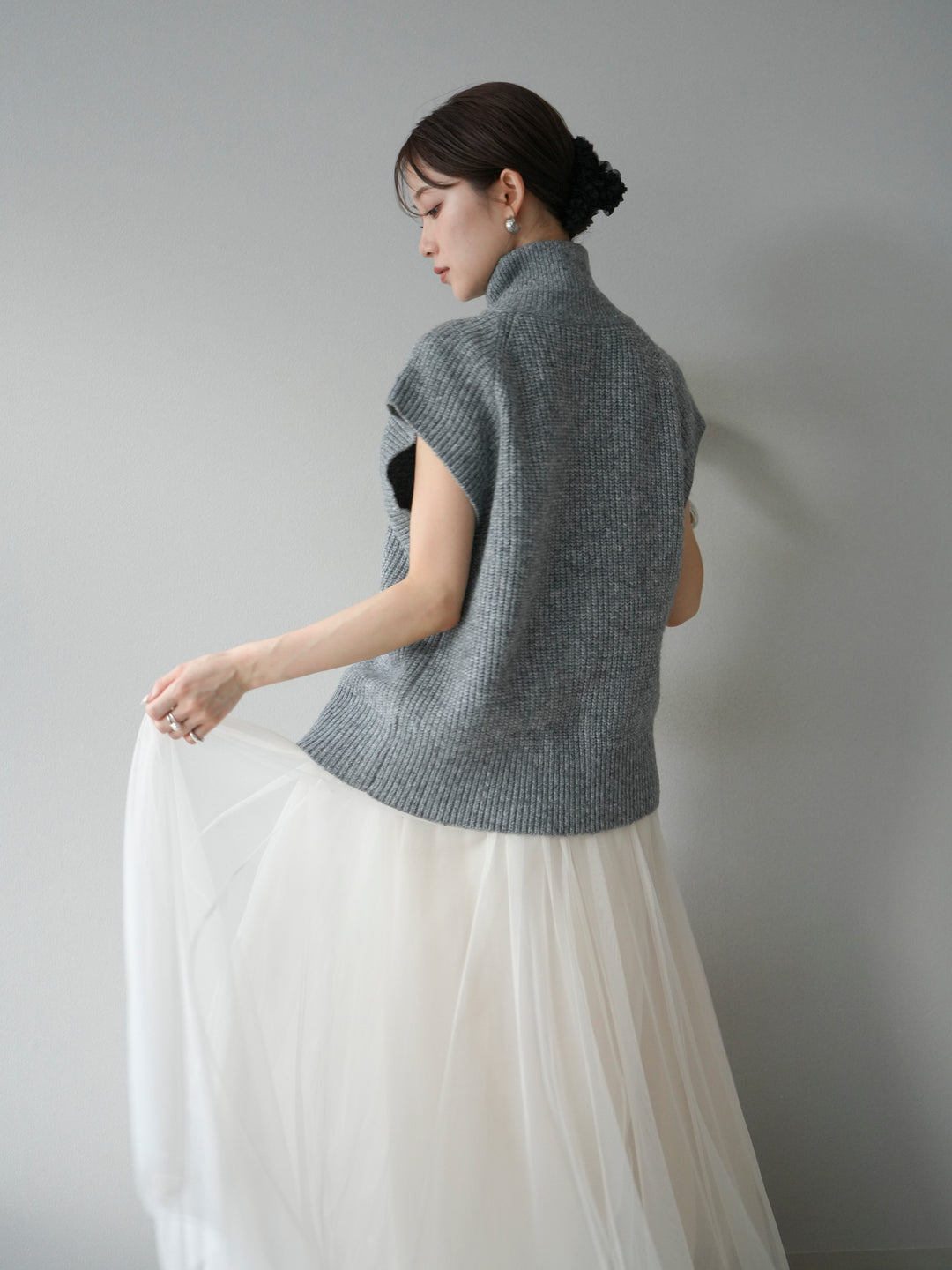 [予約]ダブルZIPハイネック畦編みニットベスト/杢グレー