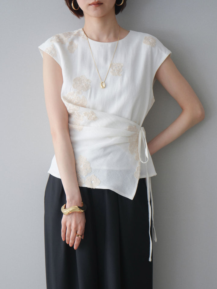 [SET]リネンタッチフラワージャガードトップス+ベルト付キーホルダーモチーフワイドパンツ(2set)