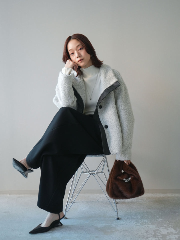 [SET]レザー切替ブークレブルゾン+袖ボタンボトルネックリブニットトップス+アニマル柄ベルト付きウールタッチワイドパンツ(3set)