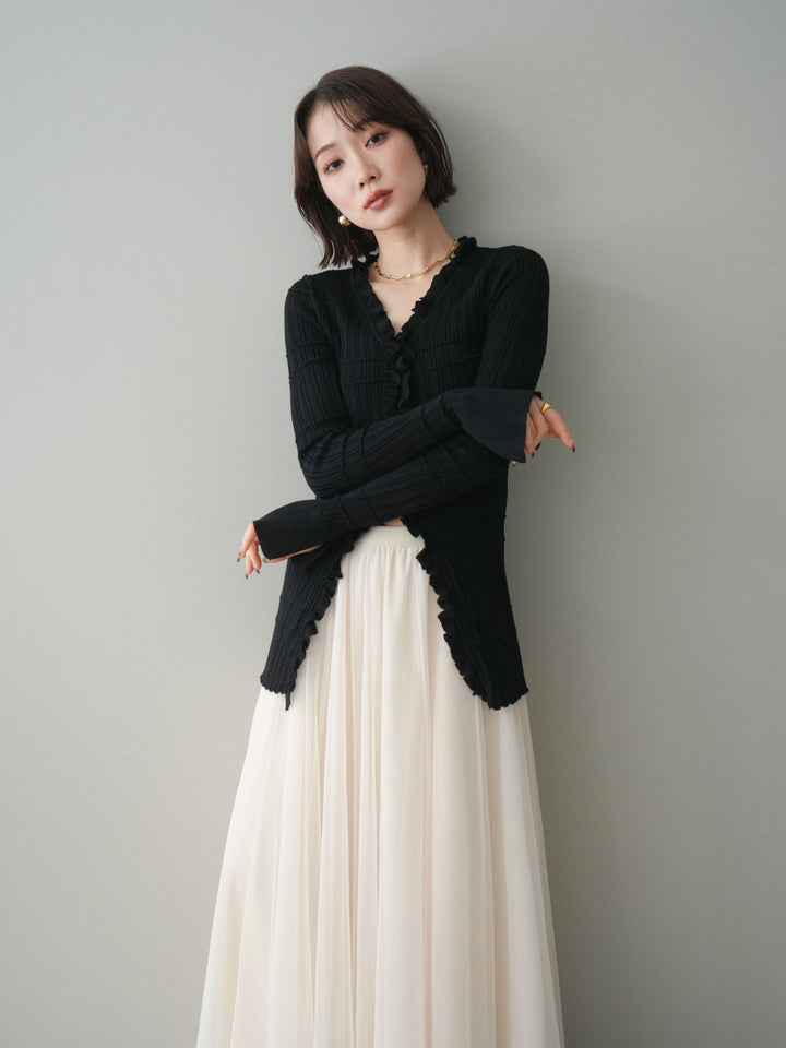 [予約]フロントフリルリブニットカーディガン/black