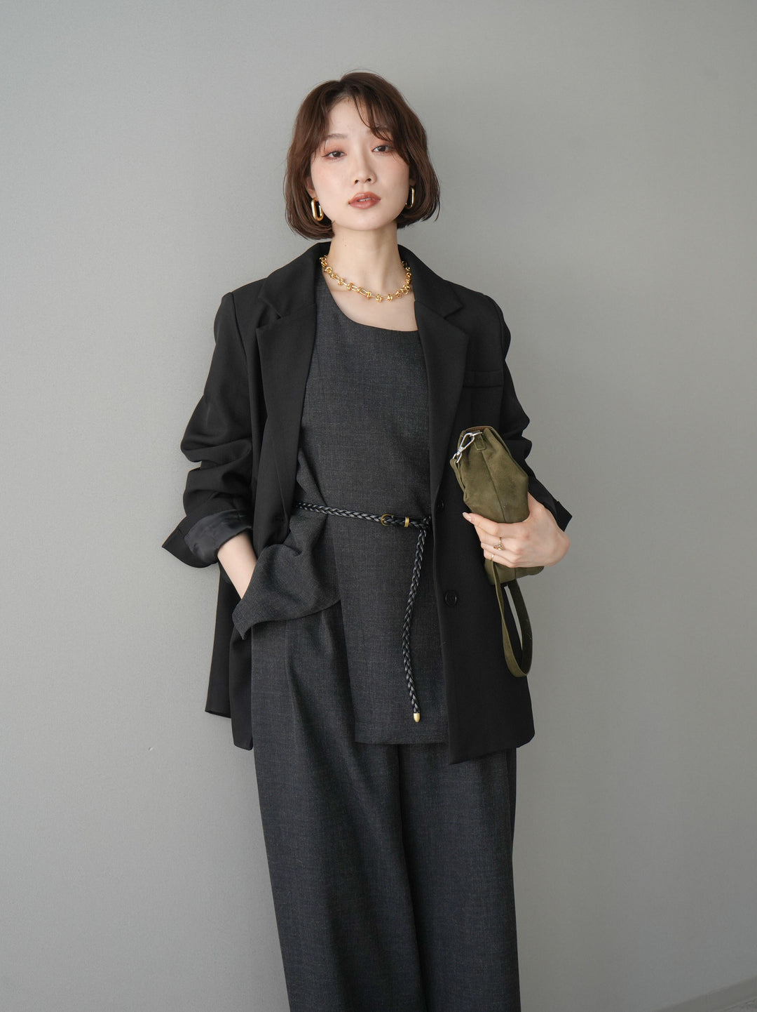 [SET]ベルト付ノースリーブトップス＆ワイドパンツSETUP