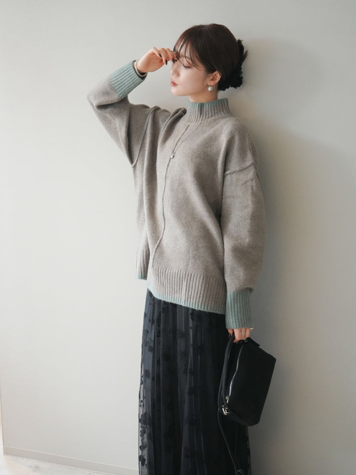 [SET]配色ハイネックニットプルオーバー+フラワーフロッキーチュールプリーツスカート(2set)