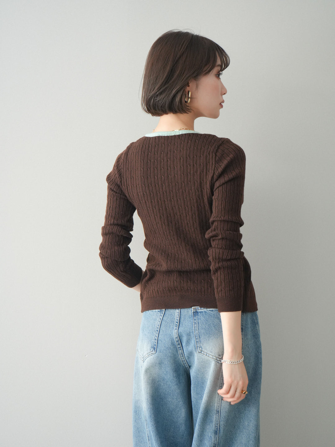 [予約]バイカラーレイヤードニットカーディガン/brown