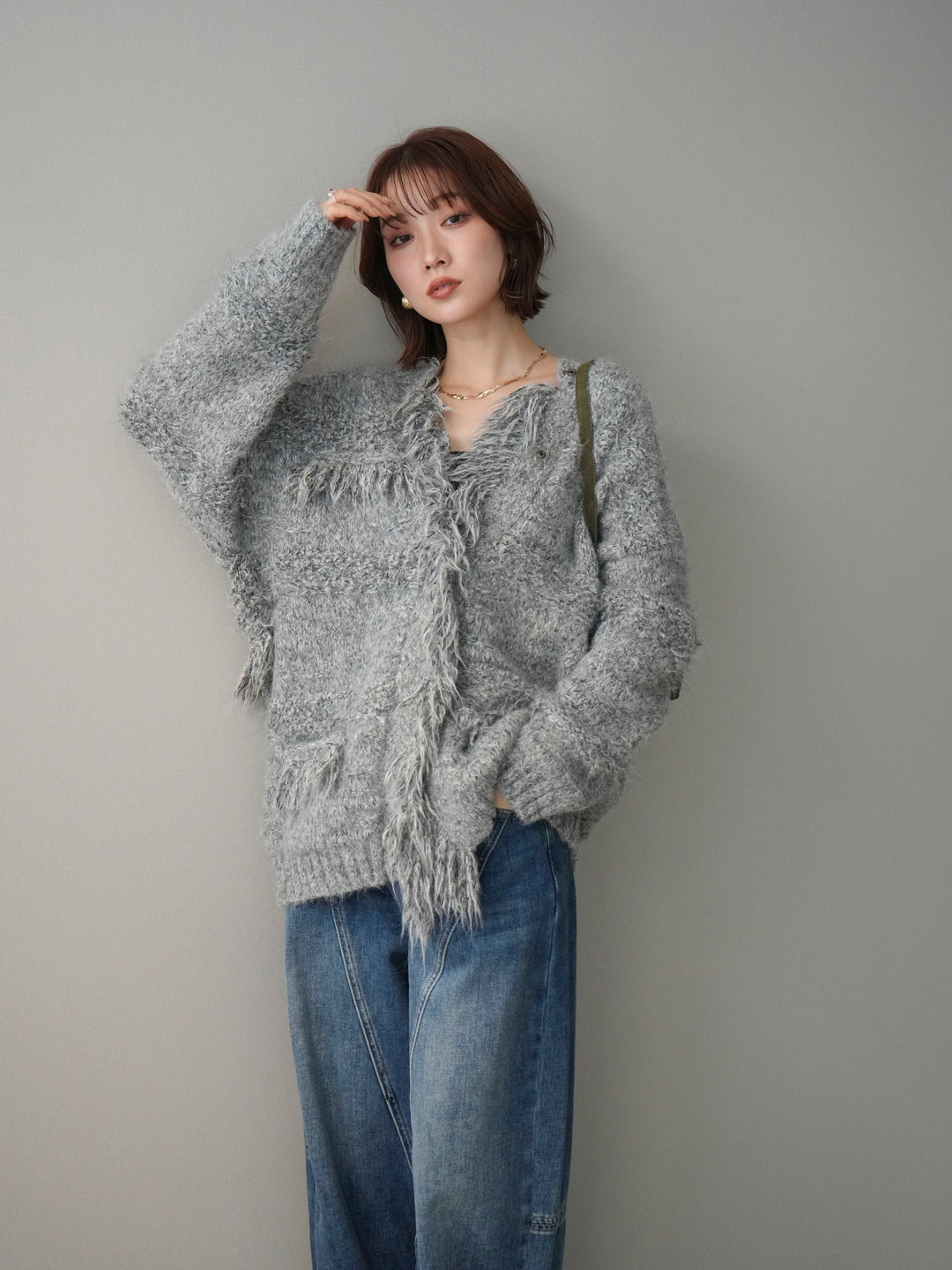 [予約]ミックスヤーンフリンジデザインニットジャケット/gray