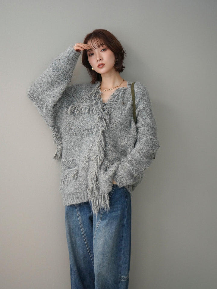 [予約]ミックスヤーンフリンジデザインニットジャケット/gray