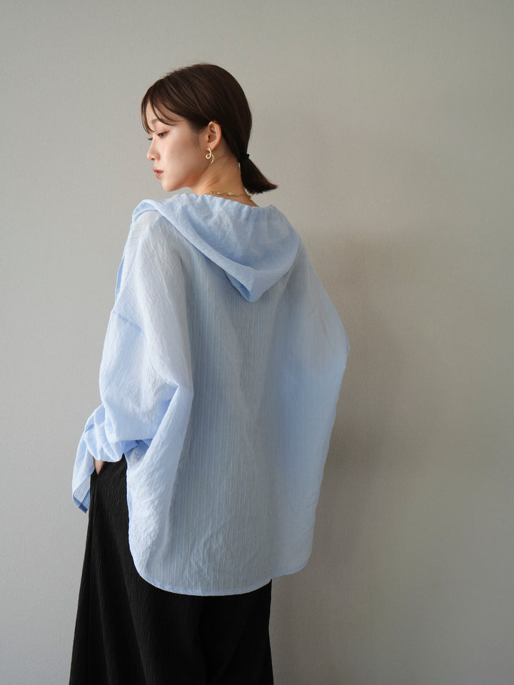 [予約]ワッシャーストライプフーディーシャツ/ブルー