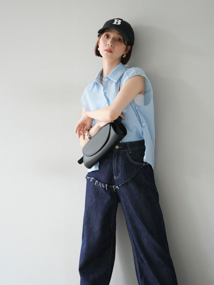 [SET] 透視格紋無袖襯衫 + 臀部設計牛仔褲（2 套）