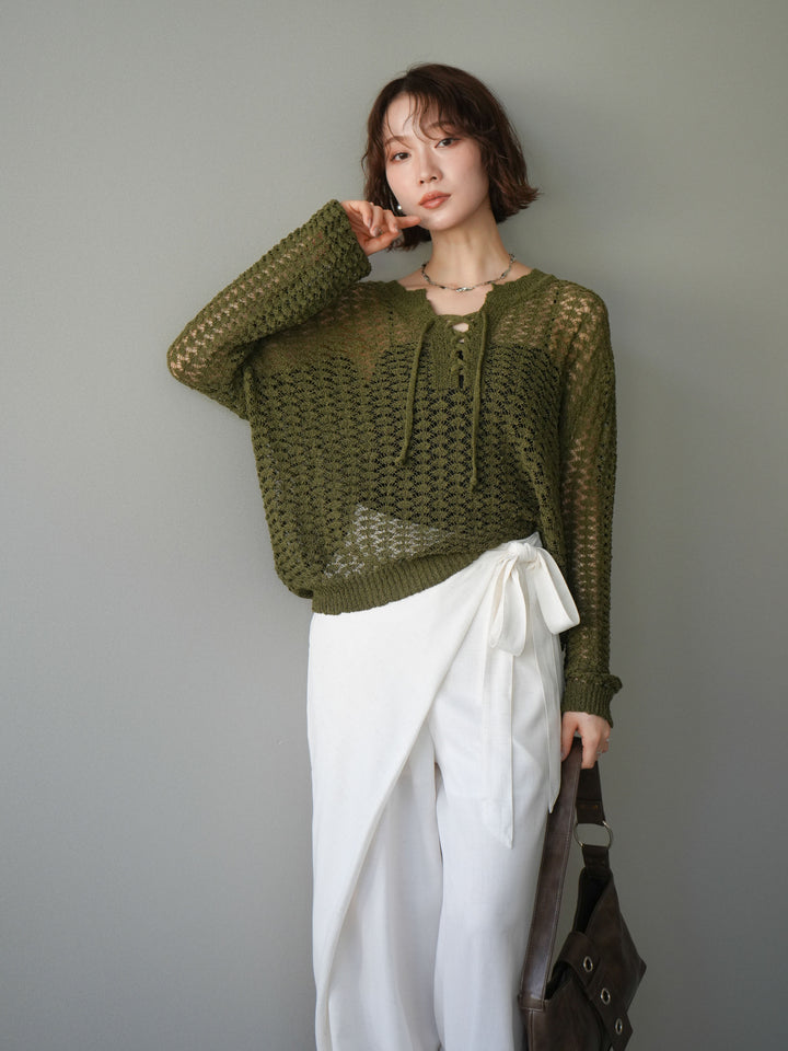 [予約]パネルメッシュニットトップス/khaki