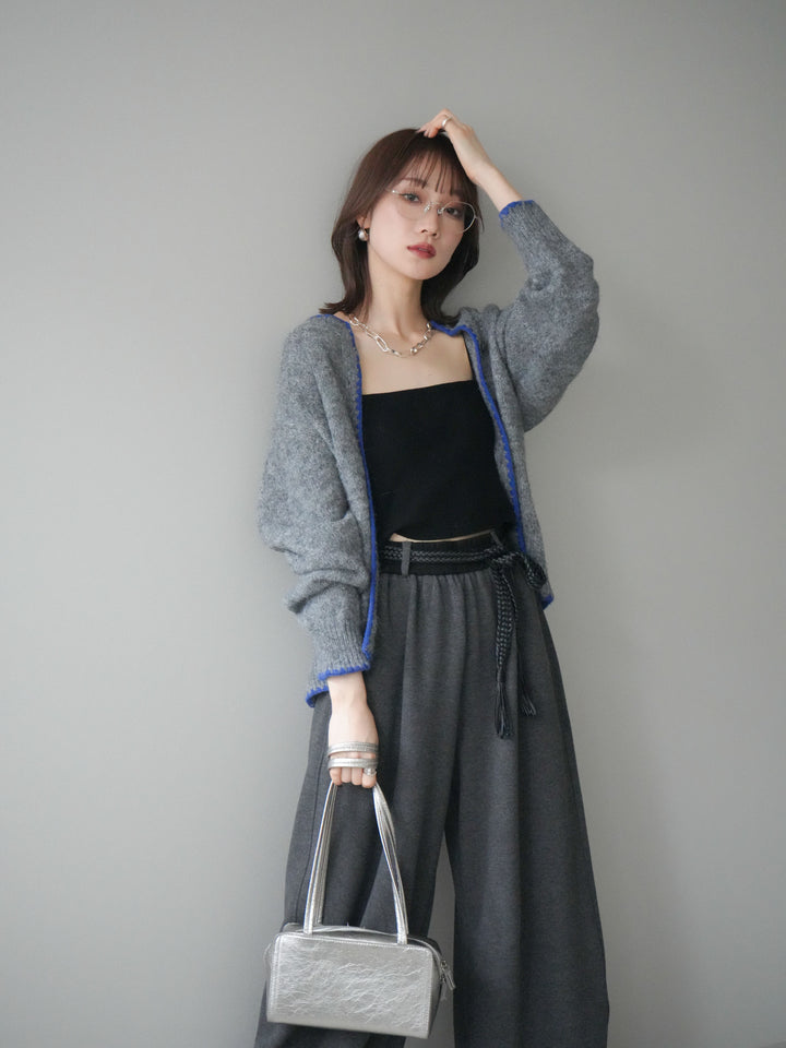 [SET]三角ステッチニットカーディガン+編み込みベルト付きウエスト配色スエットパンツ(2set)