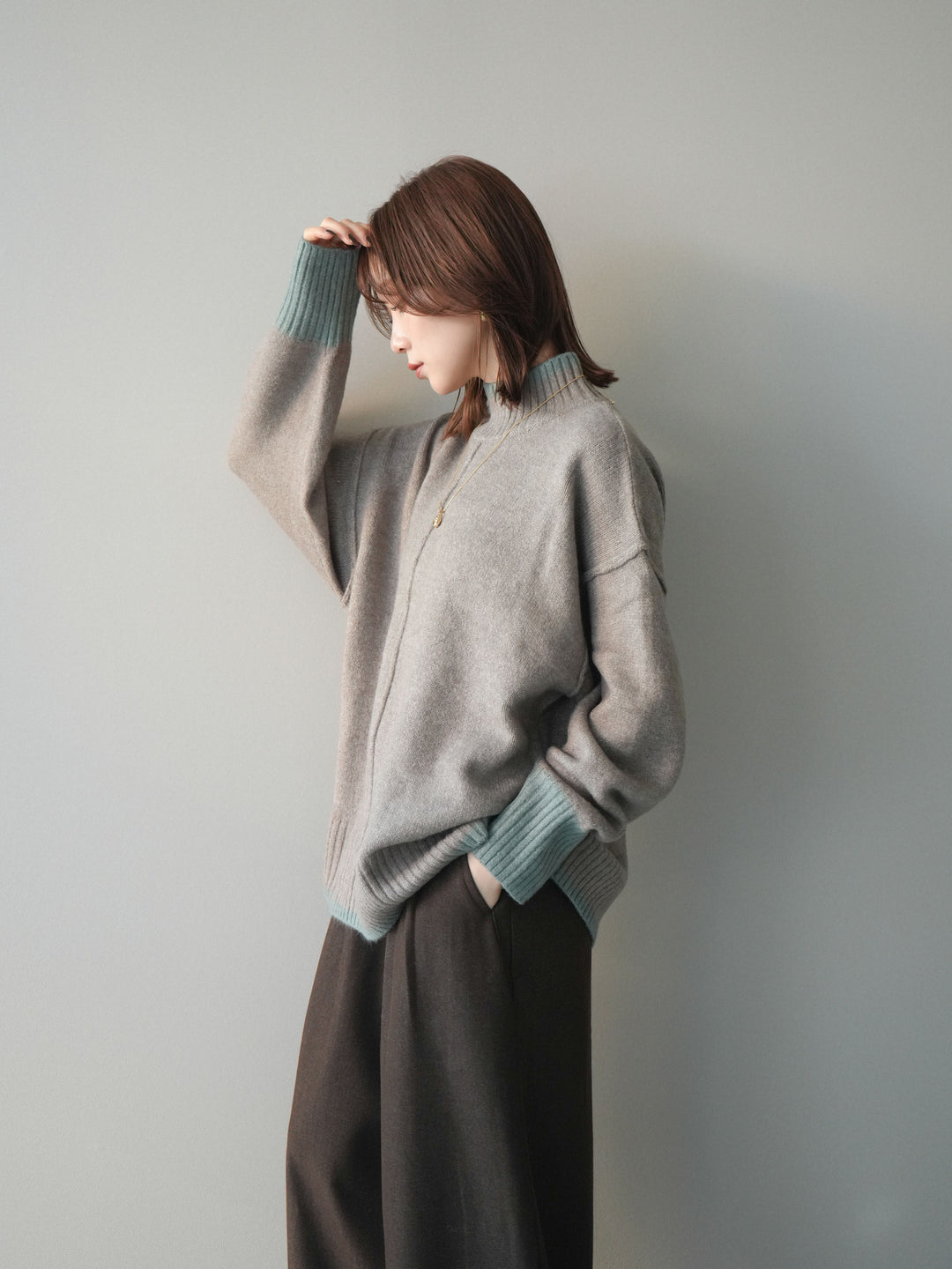 [SET]配色ハイネックニットプルオーバー+選べるアクセセット(2set)