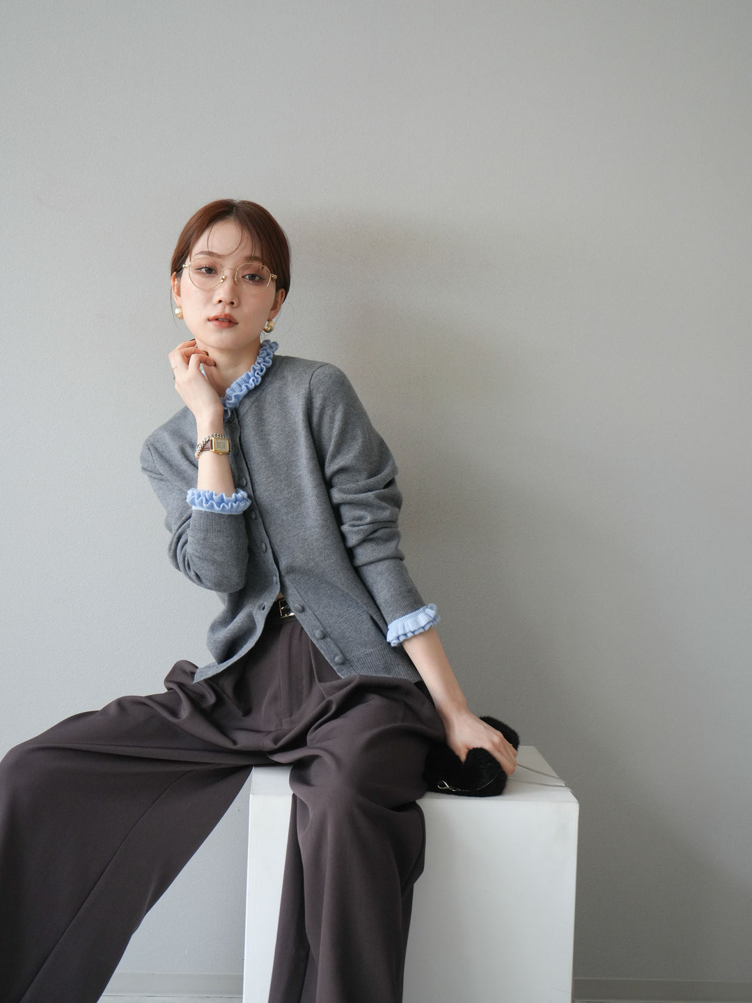 [予約]フリルデザインコンパクトニットカーディガン/グレー