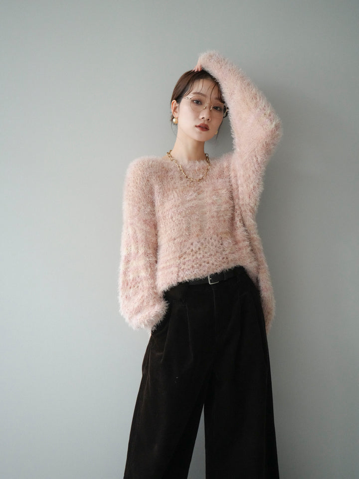 [予約]ミックスシャギールーズニットプルオーバー/pink