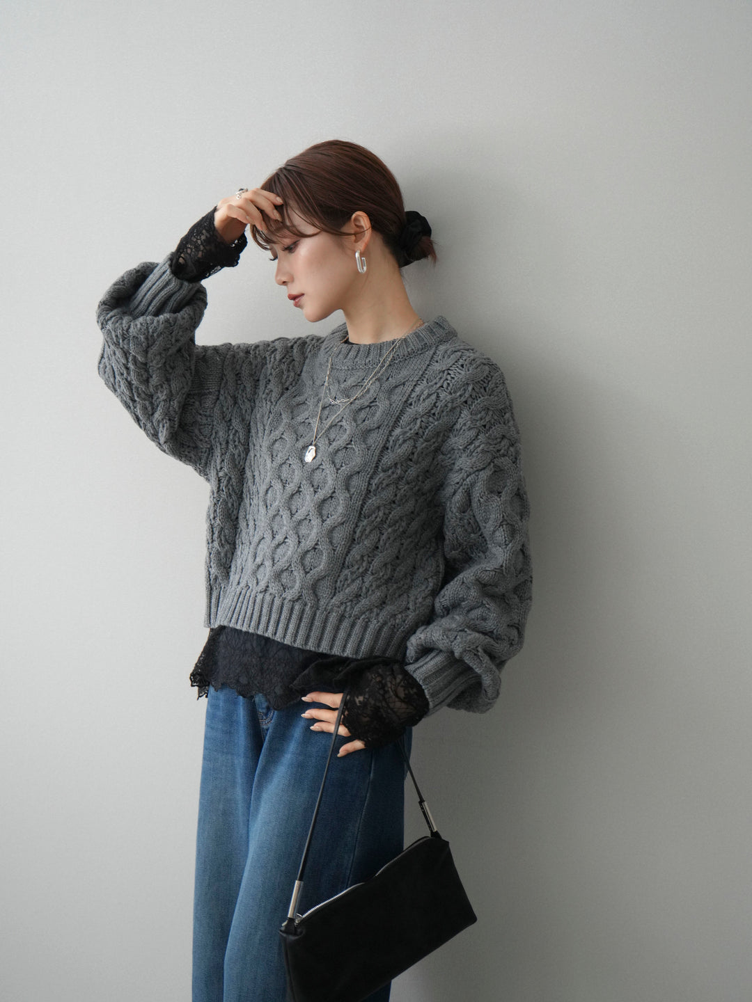 【着回しセット】[SET]バルキーケーブルクロップドニットプルオーバー+アンゴラタッチクルーネックニットプルオーバー+チュールレーストップス(3set)