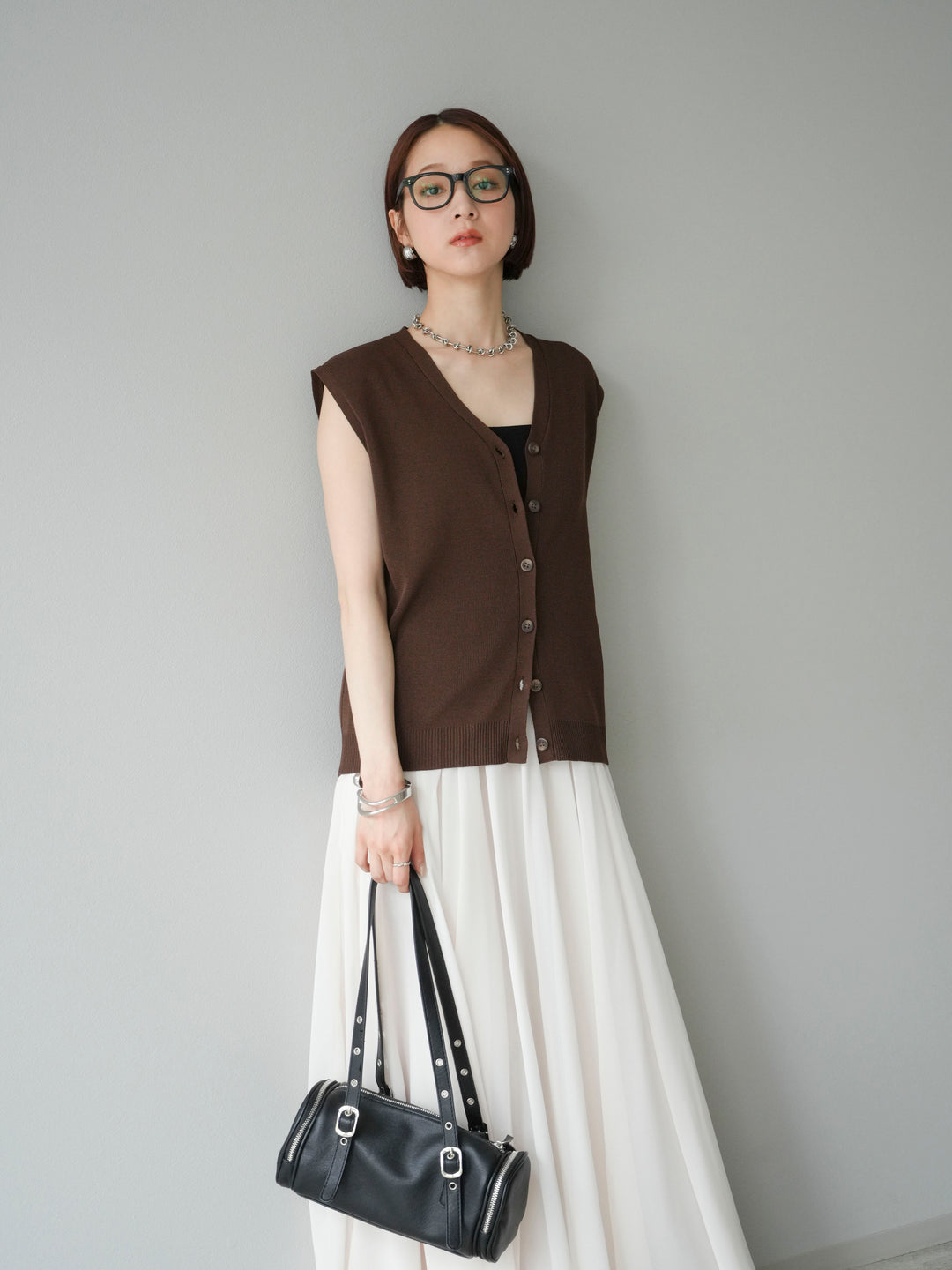 [SET] V領人造絲針織背心+雪紡喇叭裙（2件組）