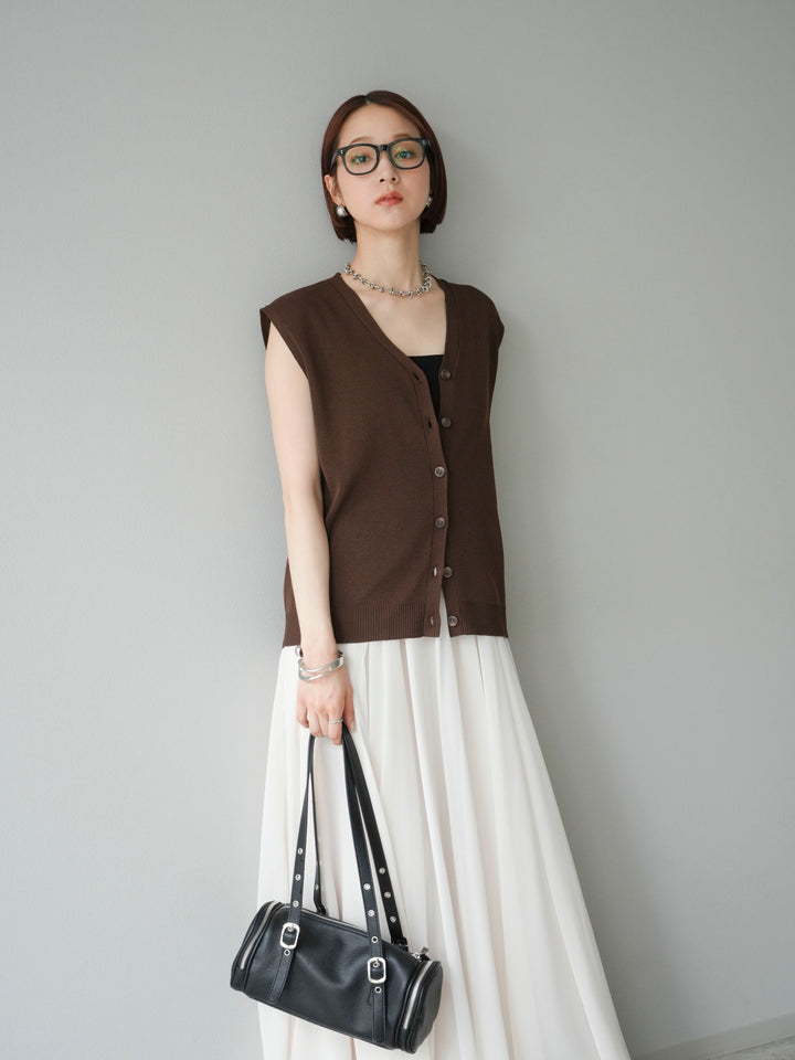 [SET] V領人造絲針織背心+雪紡喇叭裙（2件組）