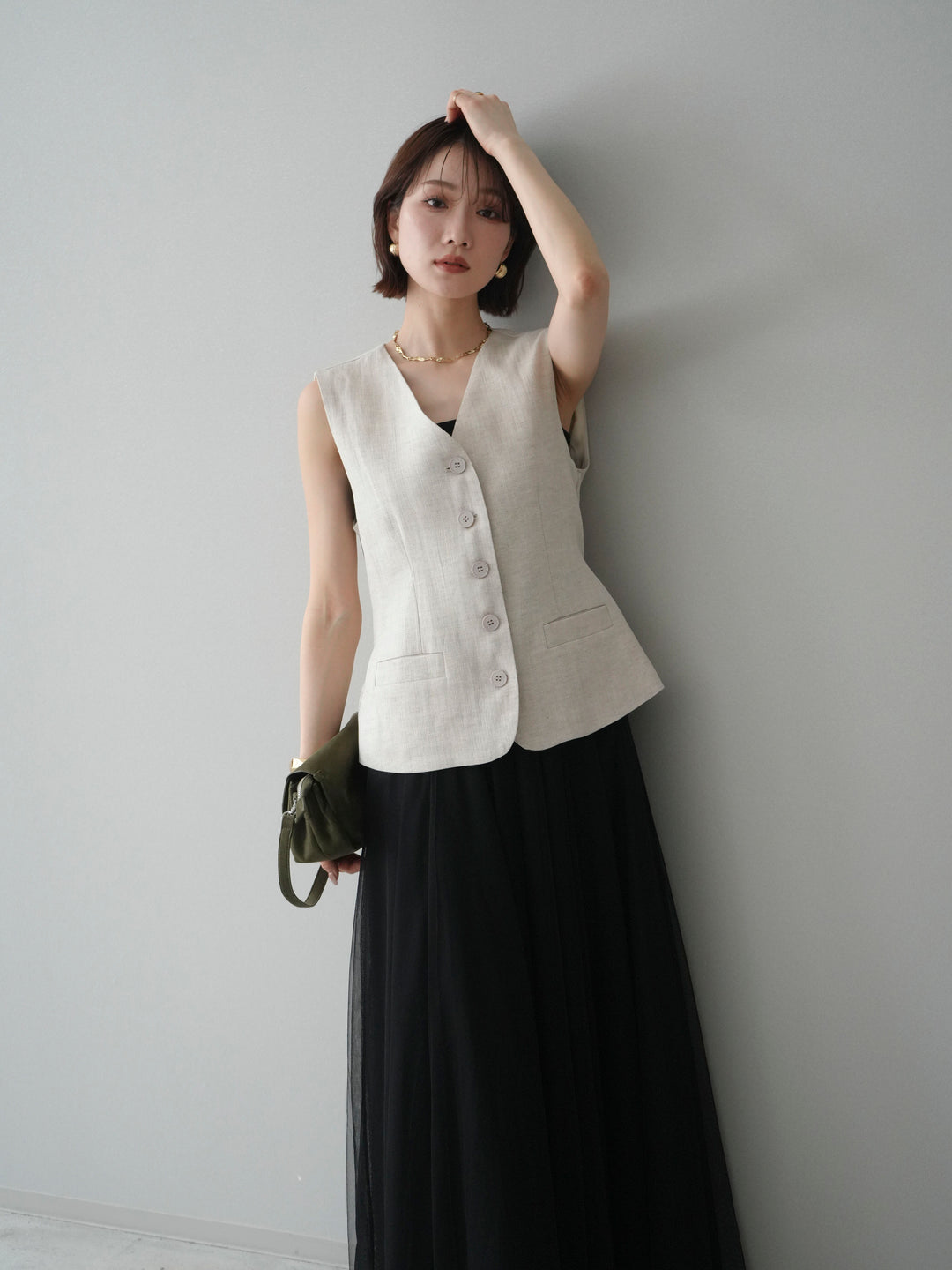 [予約]リネンタッチVネックジレ/ivory