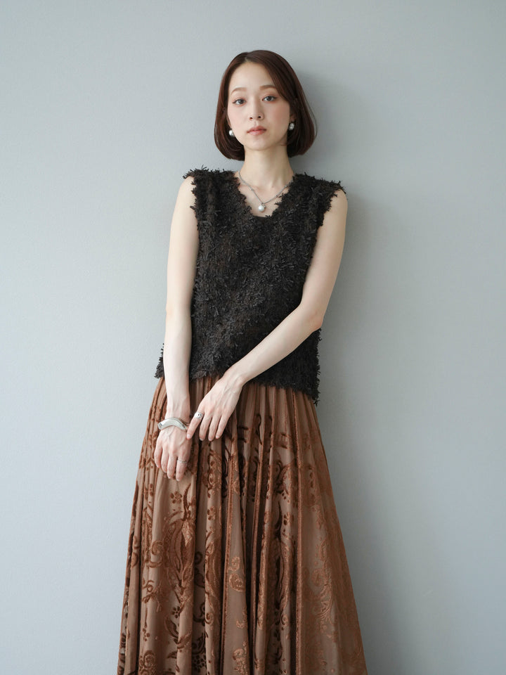 [SET]テープヤーンフリンジニットベスト+アンティーク柄フロッキーマキシスカート(2set)