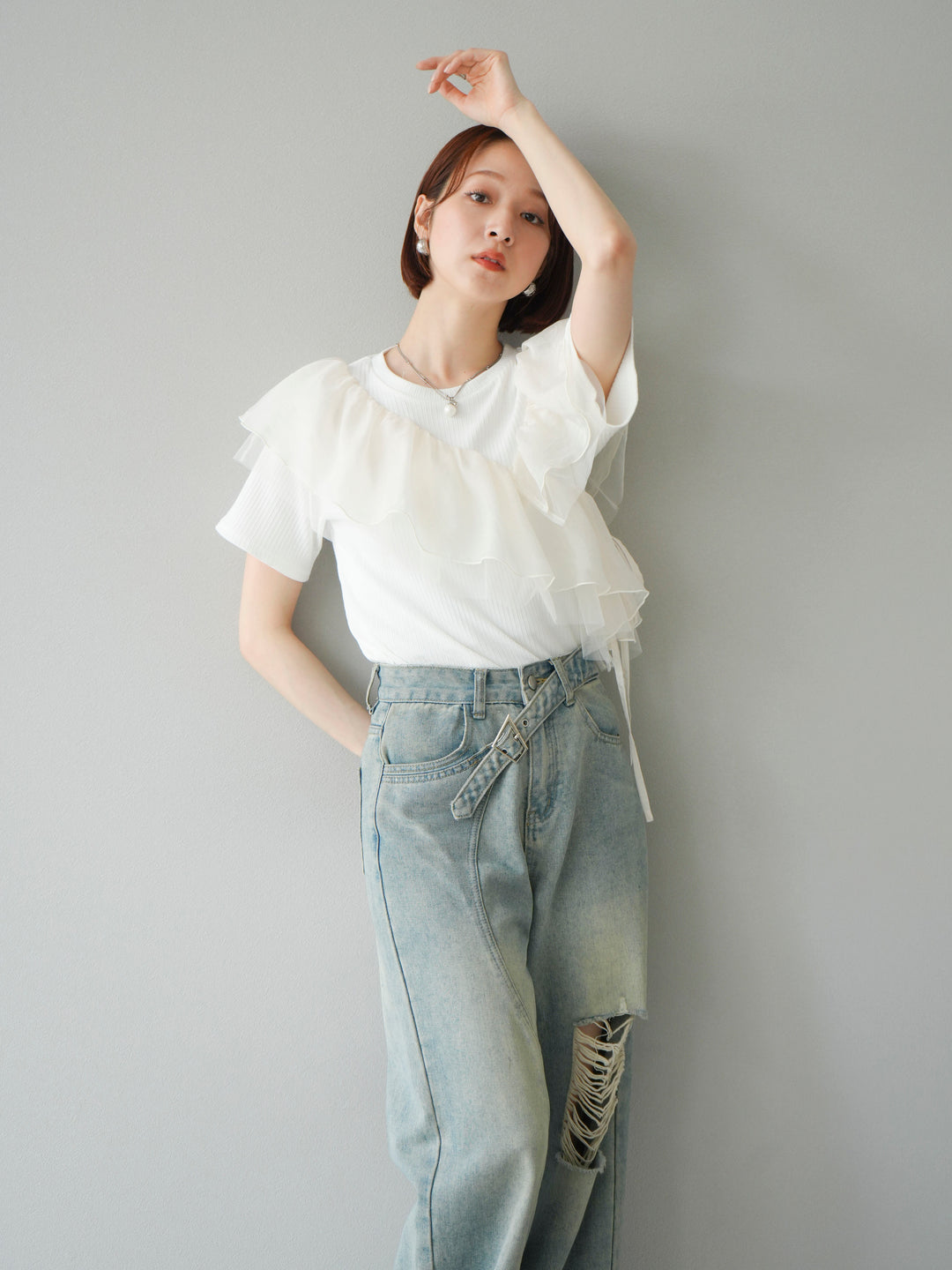 [予約]アシメフリルドッキングカットソー/オフホワイト