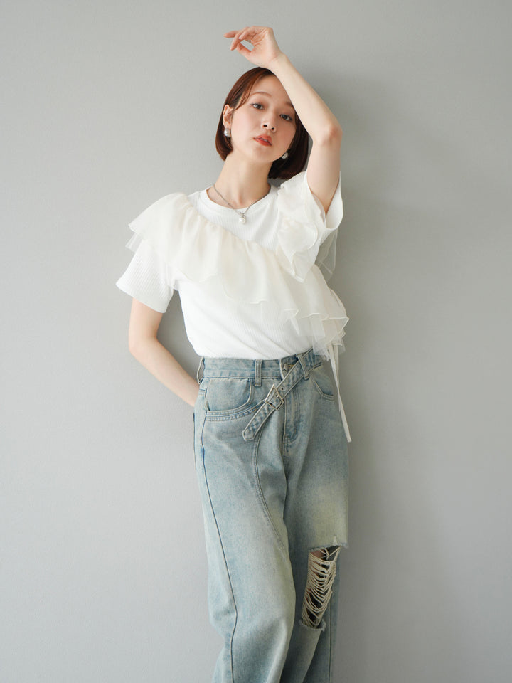 [予約]アシメフリルドッキングカットソー/オフホワイト