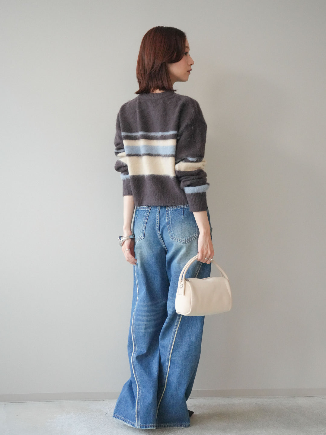 [SET]ソフトタッチボーダークロップドニットプルオーバー+サイドフリンジワイドデニムパンツ(2set)