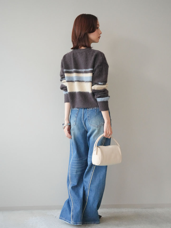 [SET]ソフトタッチボーダークロップドニットプルオーバー+サイドフリンジワイドデニムパンツ(2set)