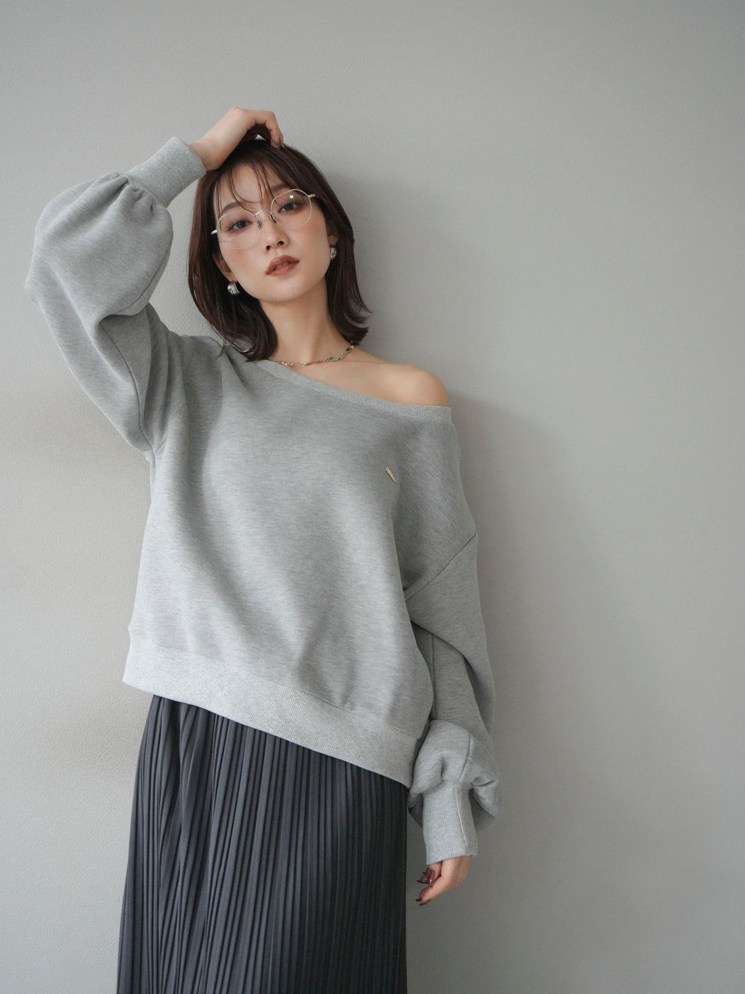 [予約]プレート付裏起毛ワンショルプルオーバー/mixgray