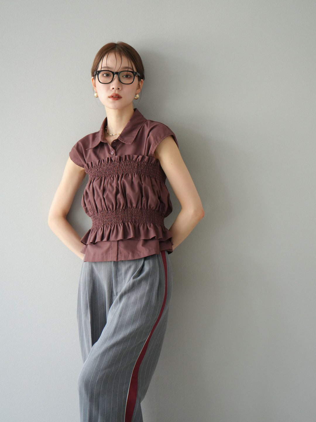 [予約]サイドラインストライプワイドパンツ/グレー