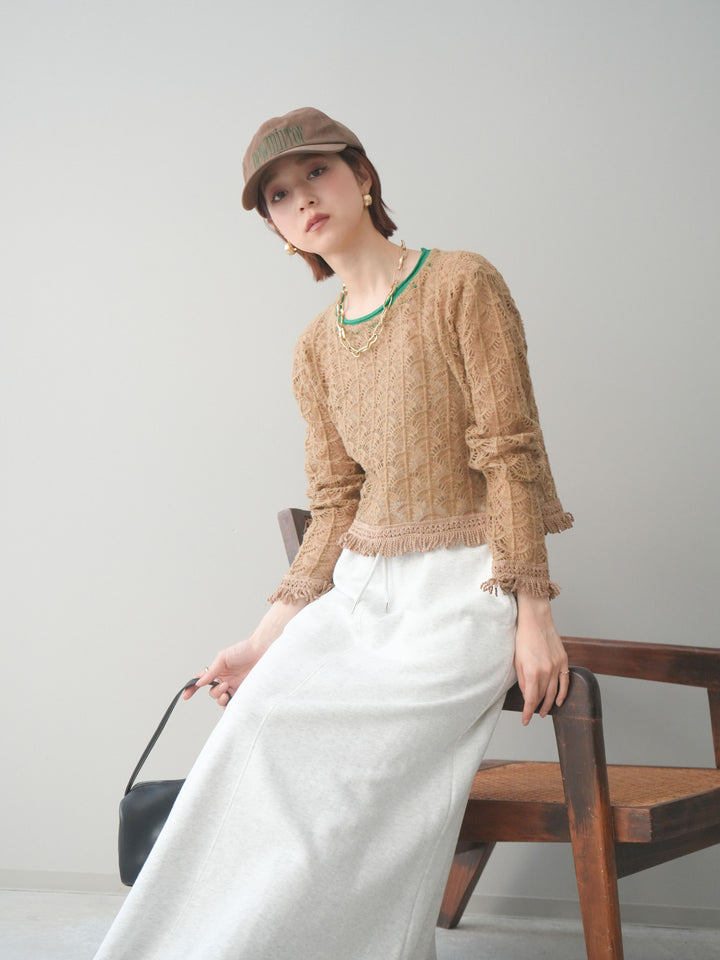 [予約]扇透かし編みクロップドニットプルオーバー/beige