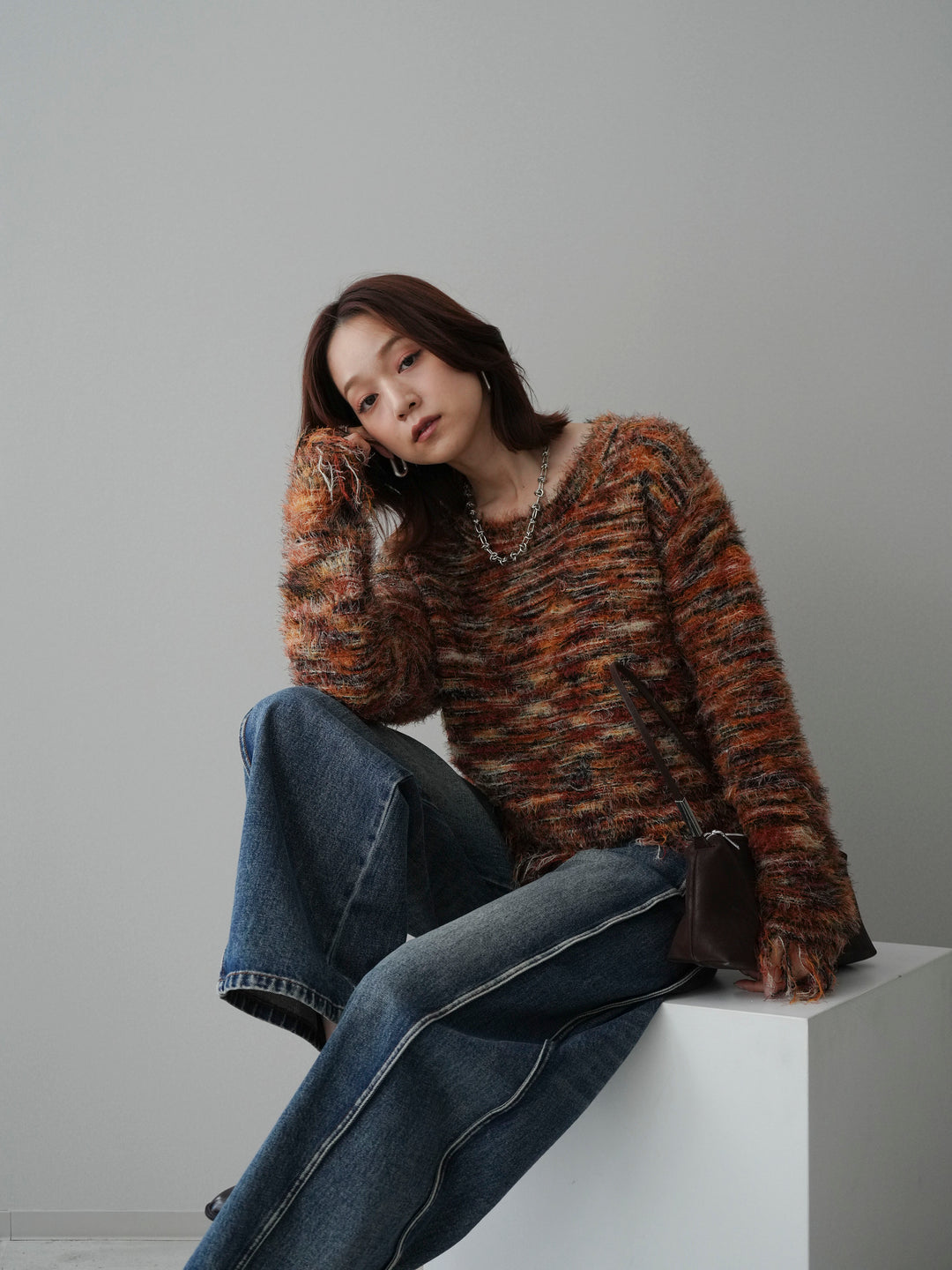 [予約]裾フリンジミックスヤーンシャギープルオーバー/orange