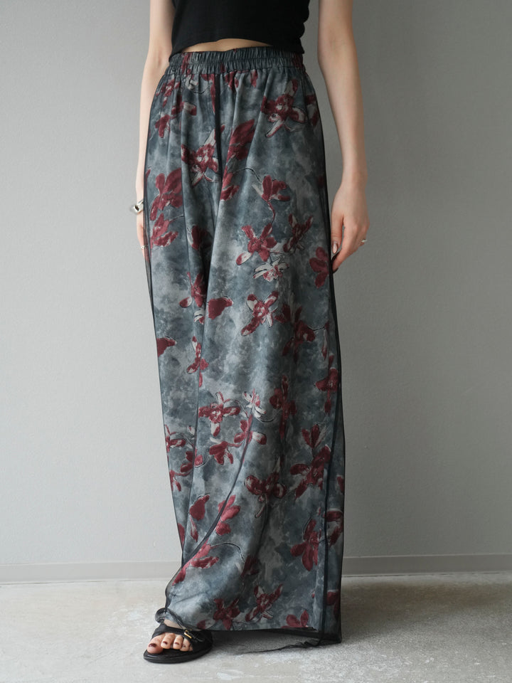 [予約]フラワープリントチュールレイヤードパンツ/グレー