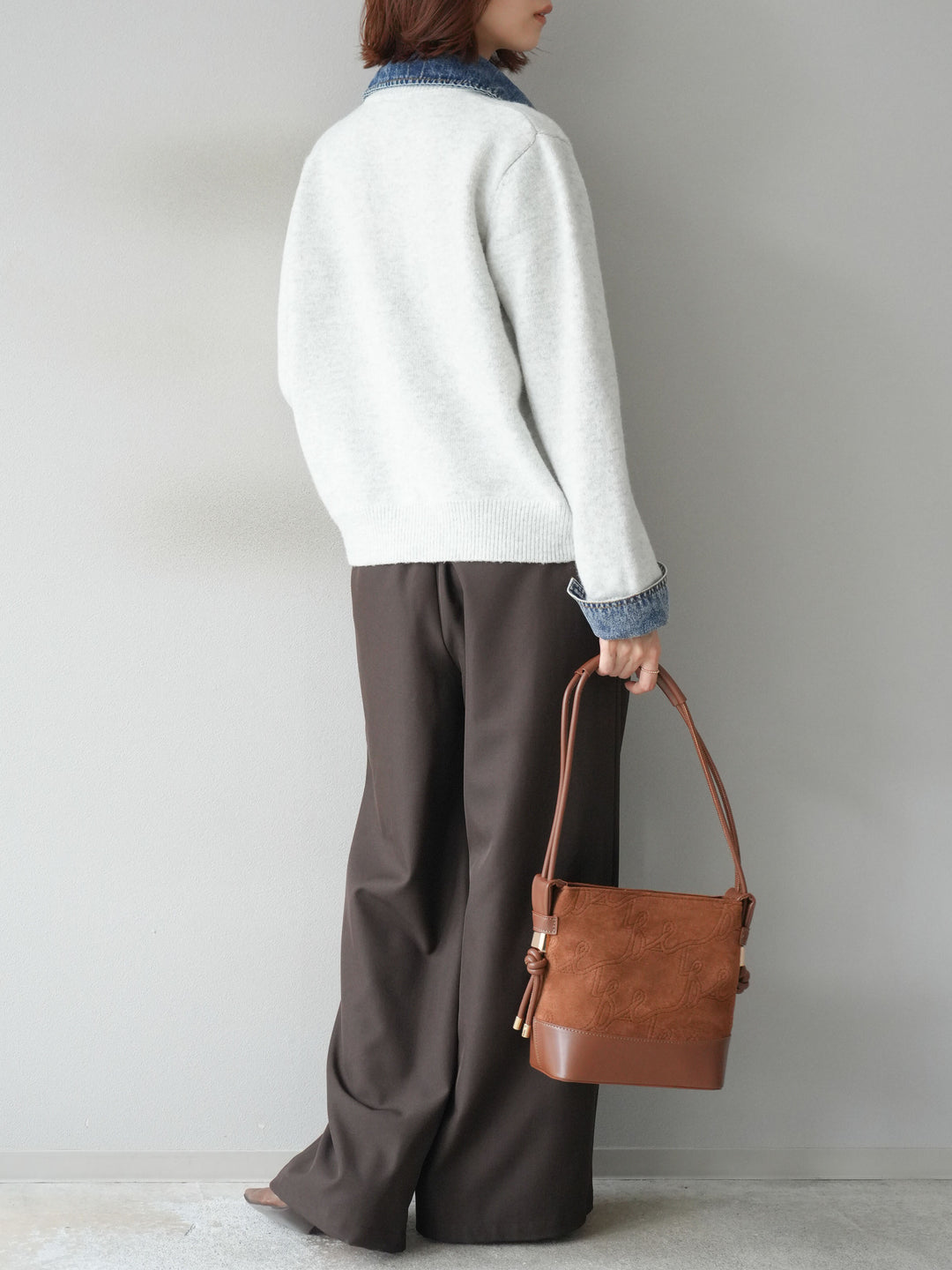 [SET]デニム襟ボタンニットカーディガン+エステルタックワイドパンツ(2set)