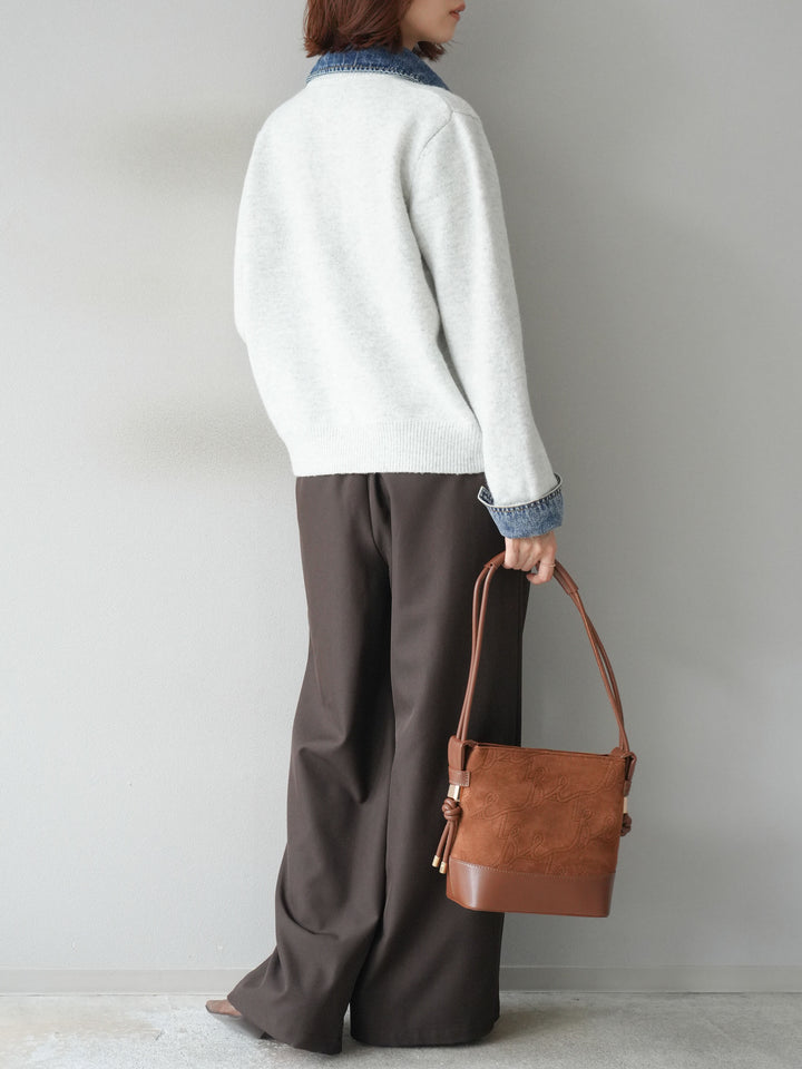 [SET]デニム襟ボタンニットカーディガン+エステルタックワイドパンツ(2set)