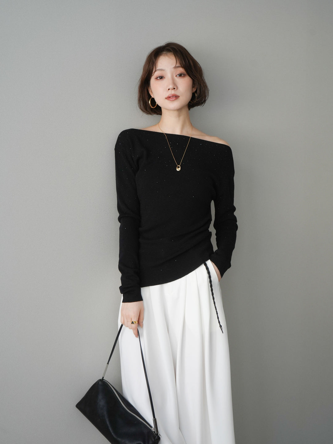 [予約]ラインストーンアシンメトリーニットトップス/black