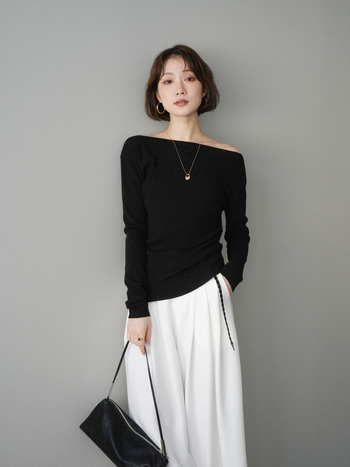 [予約]ラインストーンアシンメトリーニットトップス/black