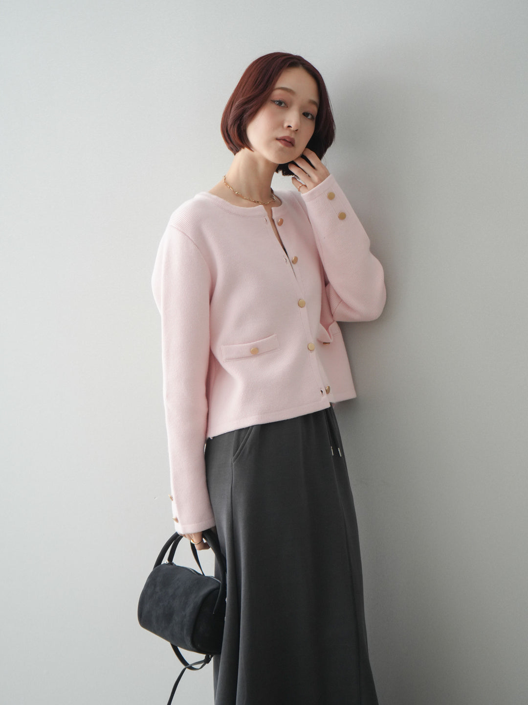 [SET]ゴールドボタンノーカラーニットジャケット+スウェットフレアロングスカート(2set)