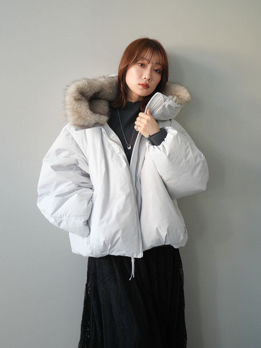 [予約]フードファーショートダウンコート/lightgray